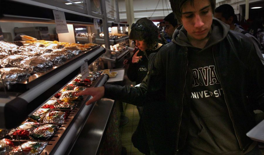 Students line up for cafeteria lunch at Van Nuys High School, December 8, 2011, in Los Angeles, California. The new 