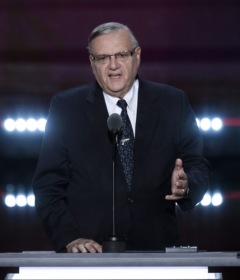 Joe Arpaio speaks on the last day of the Republican National Convention on July 21, 2016, at Quicken Loans Arena in Cleveland. Fresno, Calif., Republicans invited the controversial former Arizona Sheriff to headline a party fundraiser, drawing opposition from Democrats. (Olivier Douliery/Abaca Press/TNS)