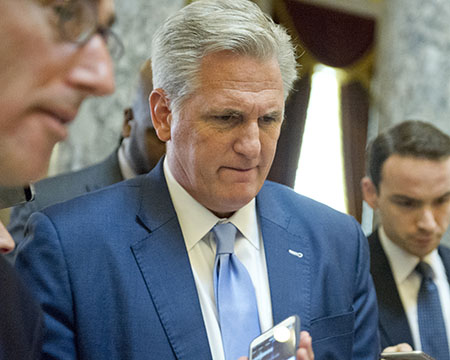 U.S. House Majority Leader Kevin McCarthy (R-Calif.) is interviewed as he walks through Statuary Hall in the U.S. Capitol in Washington, D.C. following the passage of the American Health Care Act on May 4, 2017. (Ron Sachs/CNP/Sipa USA/TNS)