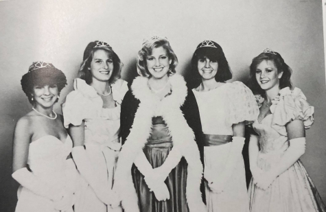 The 1985 Homecoming Queen nominees pose in their poofy dresses.