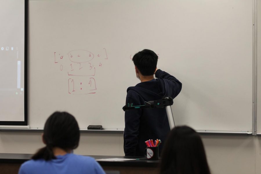 Junior Minh Trinh lectures to his peers in a Computer Science Club meeting. 