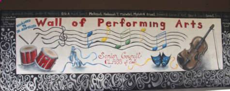 On the outside of the choir room, the class of 2005 Senior council recognizes the performing arts of University High School. Photo by Yazmin Tinoco.