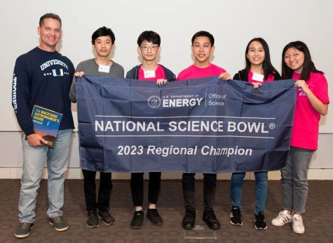 The UHS Science Bowl team won the 2023 regional Science Bowl at JPL. From left: coach David Knight, and students Nathan Ouyang, Yufei Chen, Benjamin Fan, Wendy Cao and Julianne Wu