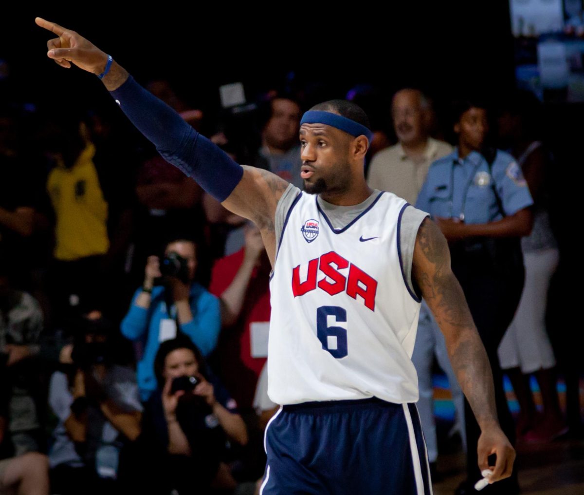 The captain for Team USA basketball, LeBron James, directs his team to put down another country's basketball team.